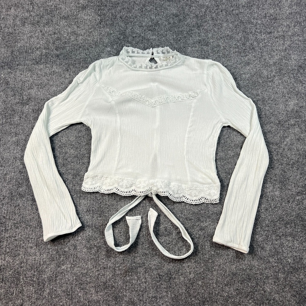Self Esteem Crepe Top Kids Medium White Floral Lace Trim Preppy Tie Back Keyhole